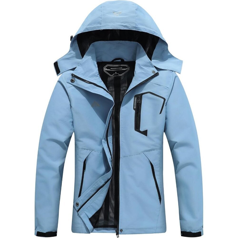 Women's Blue Waterproof Lightweight Rain Jacket, Windproof Trench Coat Hood